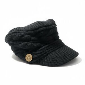 Ponytail Toboggan Hat Visor, Warm Ribbed Knit Cap Hat, Black Button Detail
